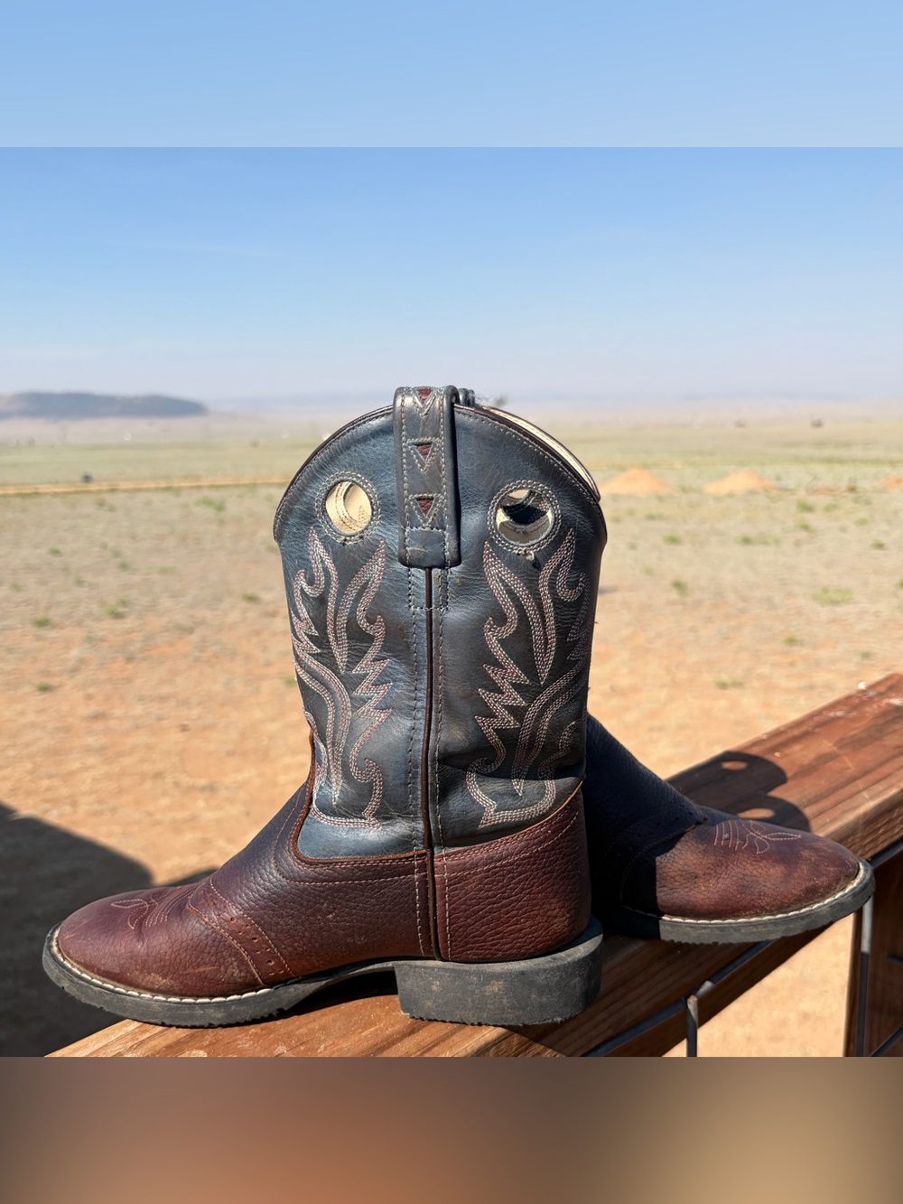 OLD WEST YOUTH LEATHER COWBOY BOOTS | SIZE 3.5 (035) | TWO-TONE BROWN & GREEN